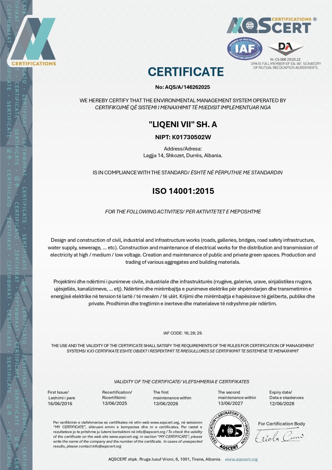 Certifikatë ISO